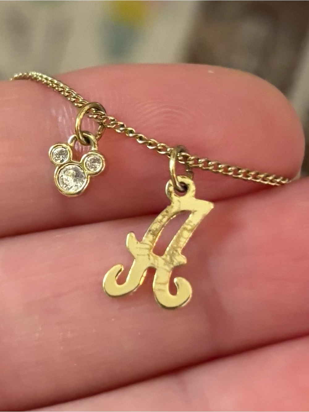 Disney A Initial & Crystal Mickey Mouse Charm Gold Women’s Necklace 18” Jewelry